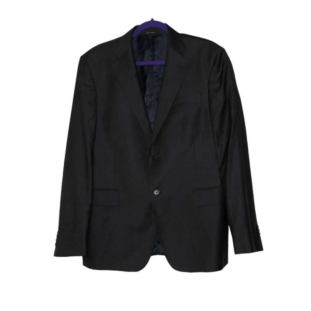Luciano Barbera 100% Wool Sport Coat Sz EU 54 US 44R Black Pale Grey Lines EUC